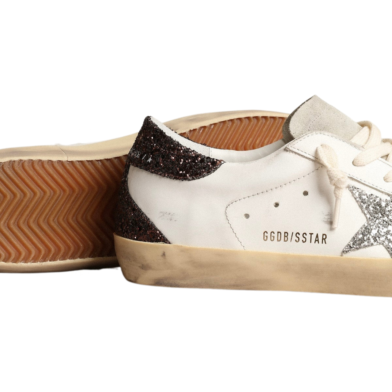 Golden Goose Super-Star with silver star and brown glitter heel tab(Women's)