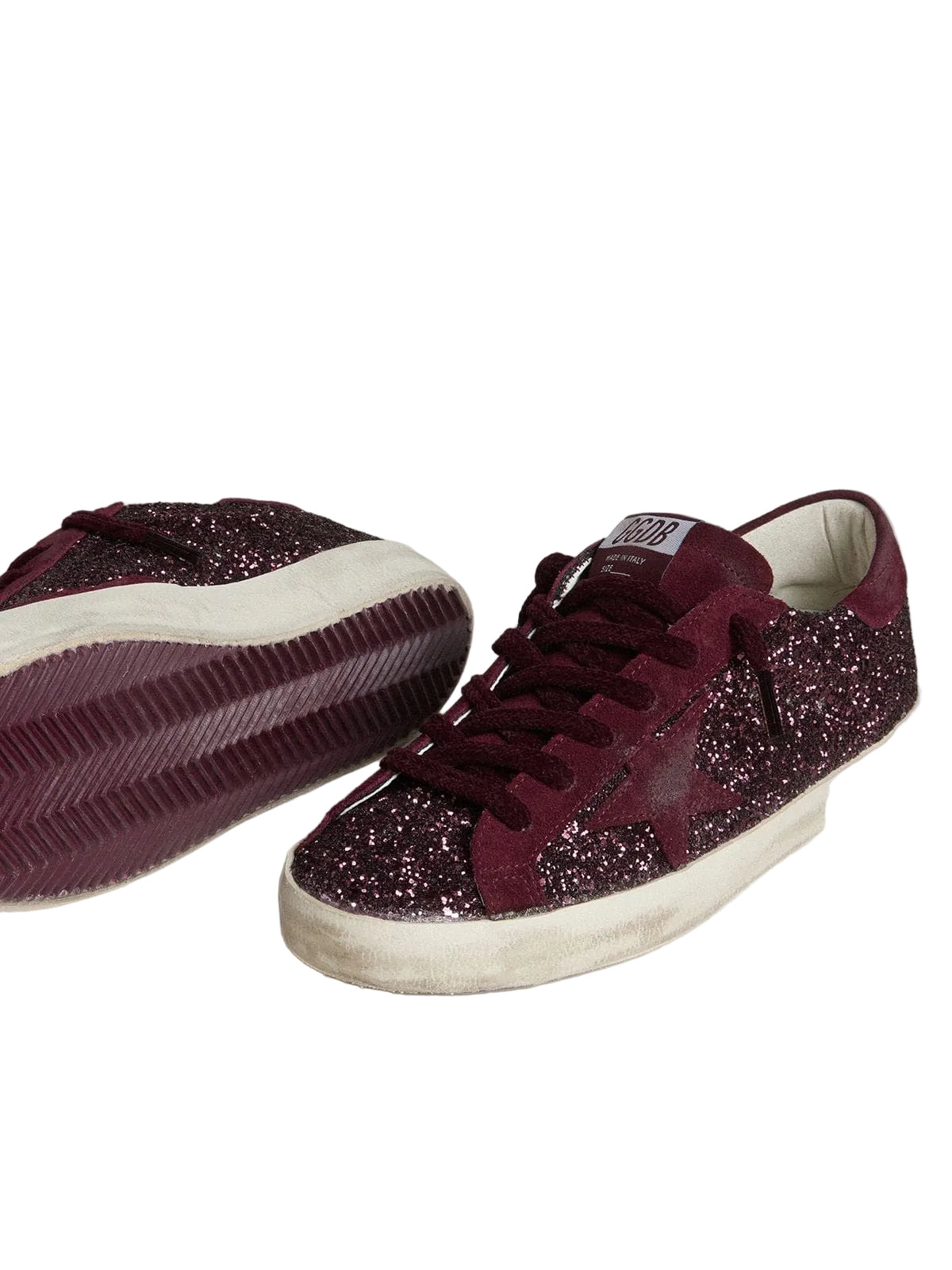 Golden Goose in cherry glitter with cherry suede star