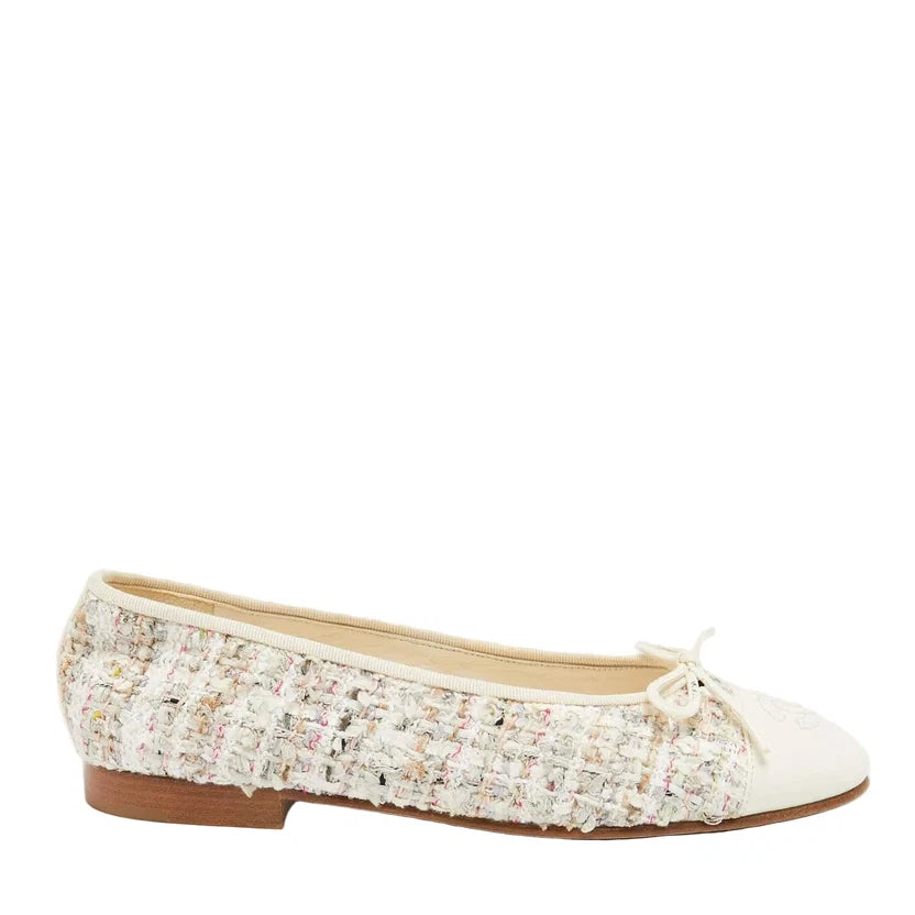 Chanel Off White Tweed and Leather CC Cap Toe Bow Ballet Flats