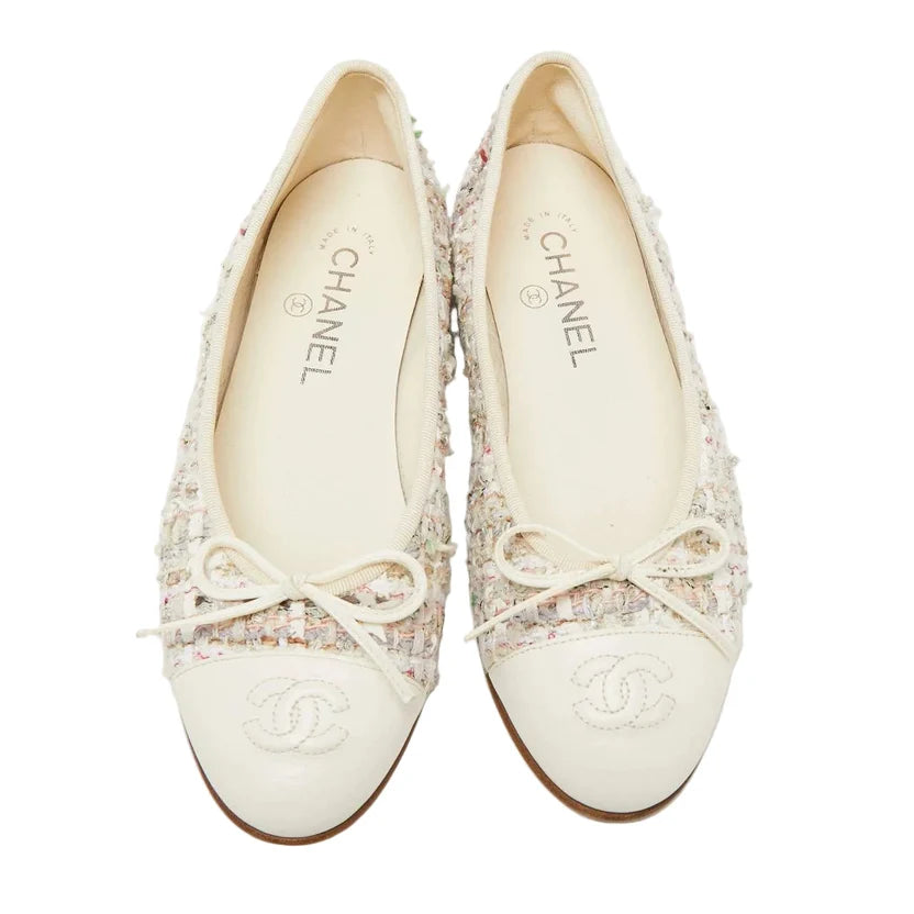 Chanel Off White Tweed and Leather CC Cap Toe Bow Ballet Flats