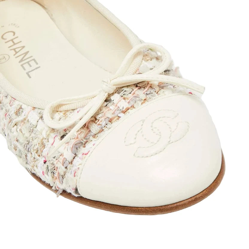 Chanel Off White Tweed and Leather CC Cap Toe Bow Ballet Flats
