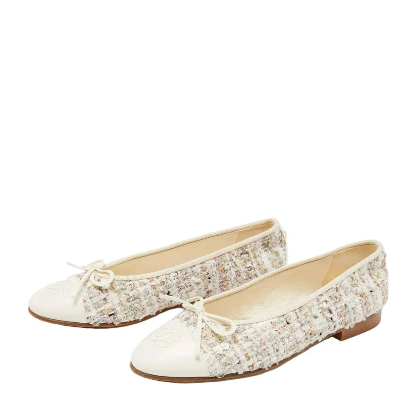 Chanel Off White Tweed and Leather CC Cap Toe Bow Ballet Flats