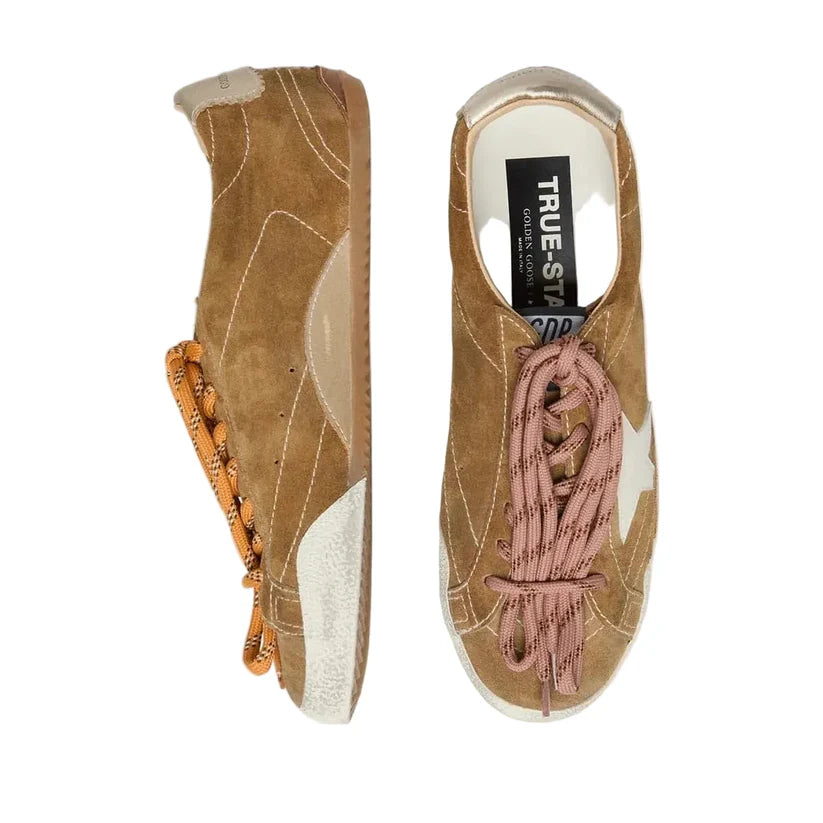Golden Goose True-Star in tobacco-colored suede with white star and platinum heel tab(Women's)