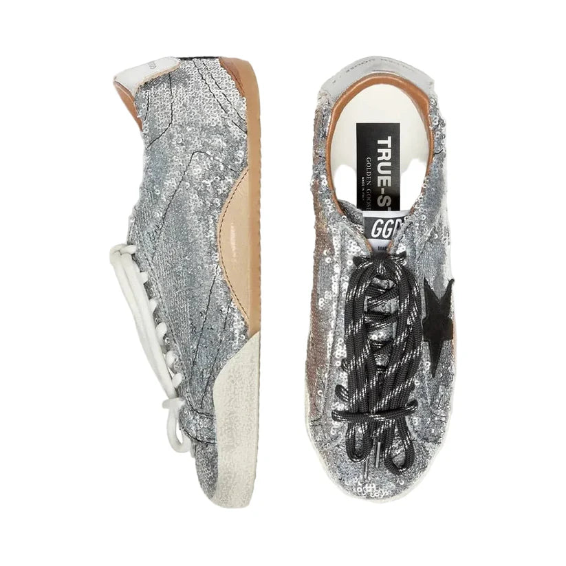 Golden Goose True-Star in silver sequins with black star and silver leather heel tab(Women's)